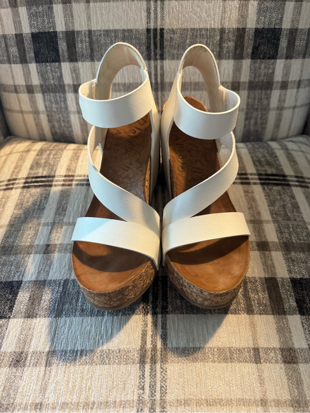 White Cork Platform Wedge Sandals with Cross Straps - Women